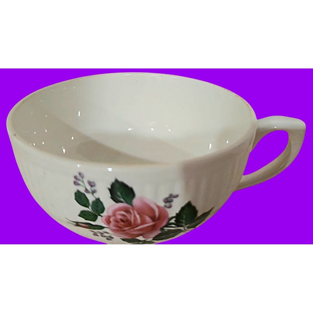 Vintage Ceramic Teacup Pink Rose Floral Ribbed Victorian Style White 8oz